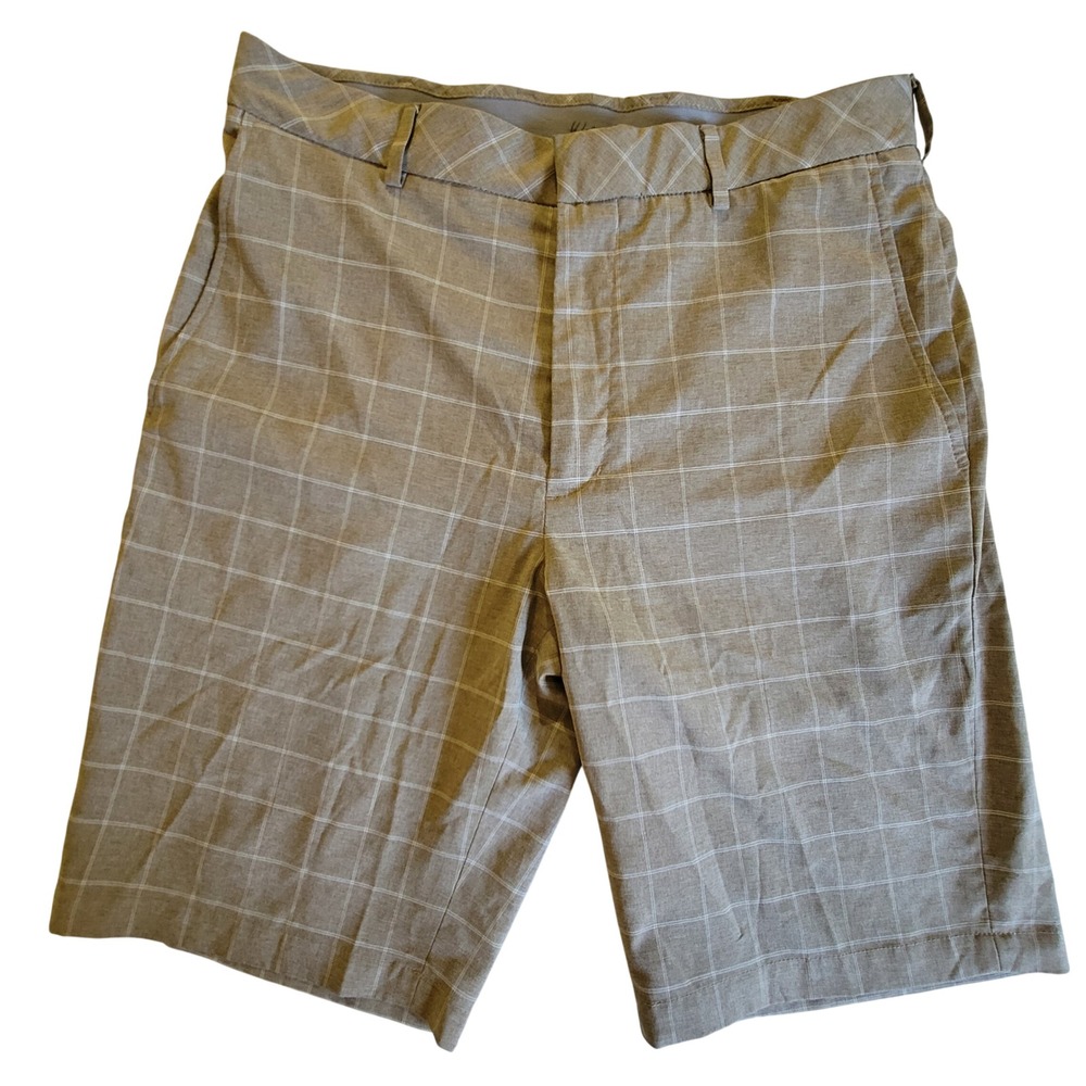 Walter Hagen Golf Shorts Mens 32 Khaki Tan Windowpane Plaid Stretch Flat Front